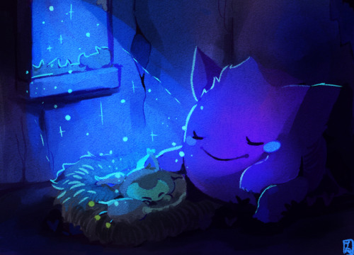 teatime-rabbit:A gengar watching over a baby skitty &lt;3