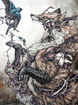 narabean:  Red Fox and Indigo Buntingby LaurenMarxArtwork