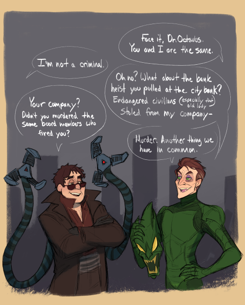 benji-the-art-blog:You can’t tell me Norman wouldn’t try teaming up with Otto. #fanart#doc ock#norman osborn#green goblin