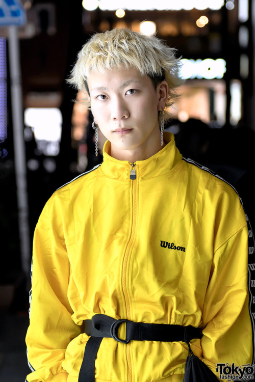 tokyo-fashion:  19-year-old Daiki on the street in Harajuku wearing a vintage Wilson jacket with Hummel pants, George Cox creepers, and a Yohji Y-3 belt-bag combo. Full Look