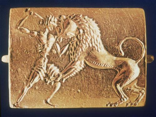 minoancorner:Seal representing a man fighting with a lion. 16th century BC. Grave Circle A, Shaft Gr