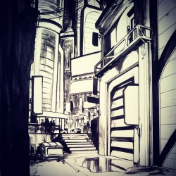 mrheathpants:  Cyberpunk cityscape for my concept class #art #comic #comicart #conceptart #comics #ink #inking #drawing #illustration #scifi #cyberpunk 