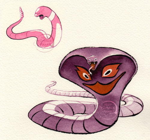 gracekraft: Next up for the Johtodex, everyone’s favorite classic poison snakes, Ekans and Arbok.  I had a lot of fun with the shading on Arbok as well as matching the color to the bubblegum pink coloring of Ekans’ Gold/Silver sprite. Also just wanted