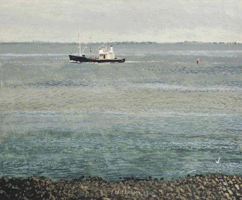 Buoy Laying Vessel   -    Hermanus ‘Herman’Berserik, 1988.Dutch, 1921-2002Acrylic on plywood , 25 x 