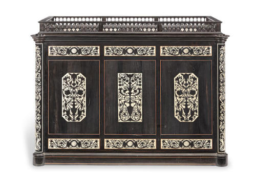 RENAISSANCE REVIVAL TABLE CABINETHARDSTONE MOUNTED EBONY AND ENGRAVED IVORY MARQUETRYBY GIOVANNI BAT