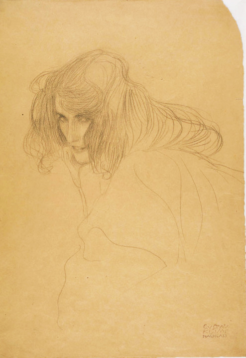 igormaglica:  Gustav Klimt (1862-1918), Study of a Woman’s Head in Three-Quarter Profile for Impurity in the Beethoven Frieze, 1901-02. black chalk, 45 x 31.3 cm 