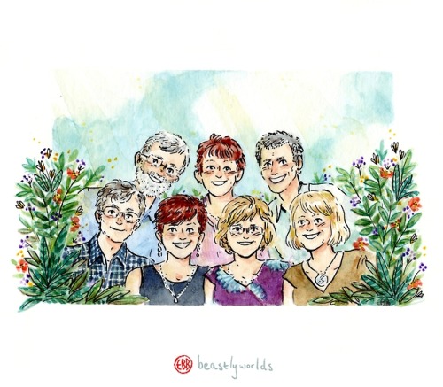 A family portrait commission of seven siblings, for Devon. Also a few of my initial drawings (they w