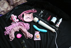 pervykitty:Big-Girl Toy Bag :D Two lengths of baby pink cotton rope from bdsmgeekshop​ Pico Bong Innie Vibe Pico Bong Massage Oil Candle Skyn Latex-Free Condoms Homedics Hand-Held Mini Massager Two leashes and a kitty bowl from a local pet shop Aslan