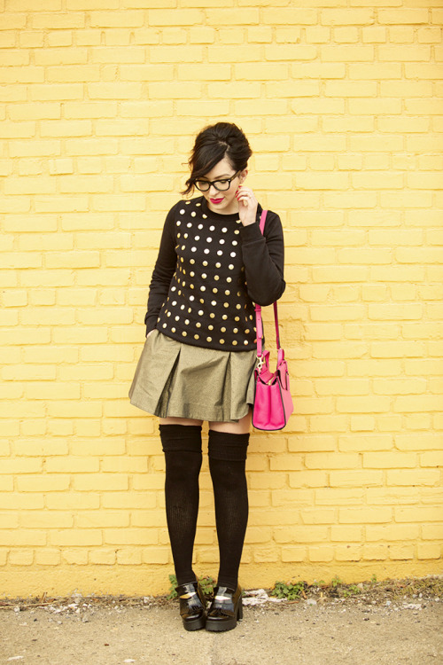 Keiko in ribbed thigh high socks, dark green skirt and dot patterned sweater