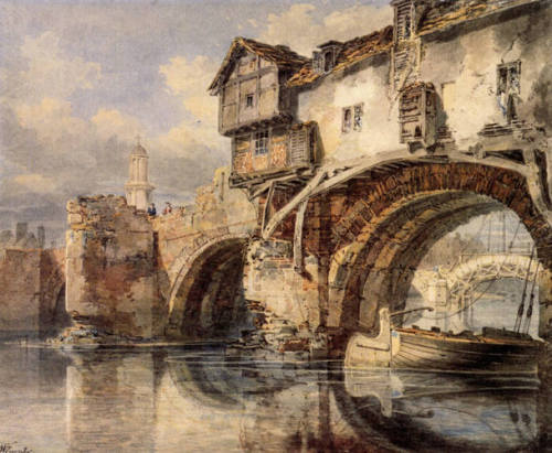 artist-turner: Welsh Bridge at Shrewsbury, William TurnerMedium: watercolor,paper