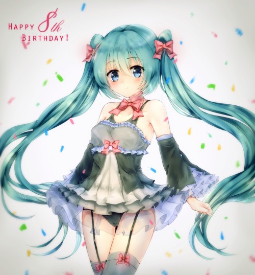 VOCALOID、初音ミク、高解像度、テキスト、ＰＮＧ変化、英語テキスト、fanart from deviantart、スジ、ボー、ドレス、パンツ、フリル、ヘアボー、ストラップ、チョーカー、ピンクボー、ロングヘア、ツインテール、ノースリーブ、フリルドレス、ランジェリー、ガーターベルト、ショートドレス、ワイドスリーブ、サイハイソックス、スリーブレスドレス、ハッピーバースデー、black