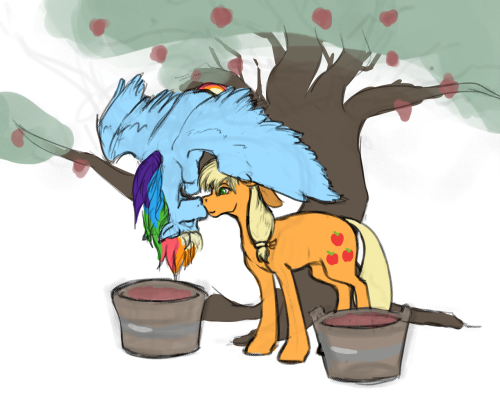 jykinturah-art:Rainbow Dash and AJ sitting in a tree  <3