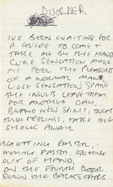 speakspeak: Ian Curtis’ original lyrics to “Disorder” by Joy Division