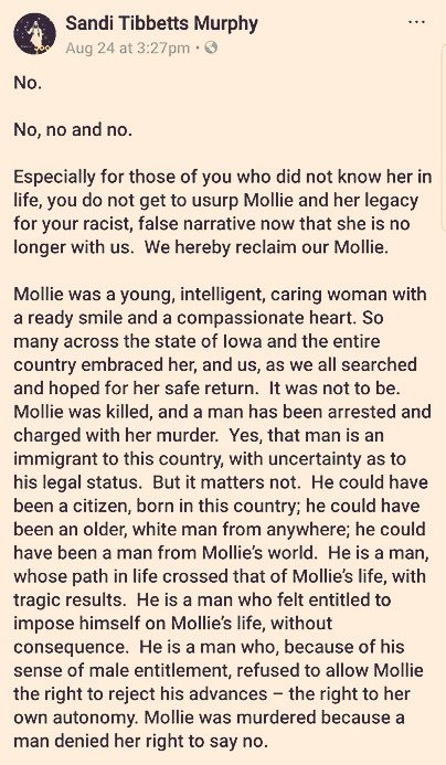 STATEMENT FROM MOLLIE TIBBETTS’S FAMILY: “No. No, no and no.Especially for those of you who did not 