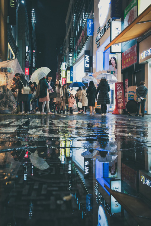 Walking home in Myeong-dong in the rain.