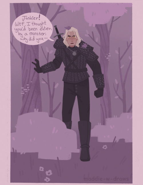 maddie-w-draws:Adventures of Jaskier who thinks a wolf he finds is a cursed Geralt, inspired by this