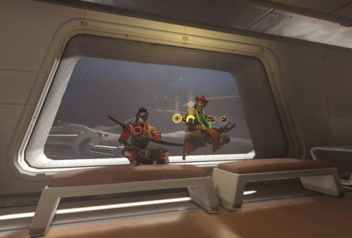 cameoappearance: overwatch-takes-a-seat: Genji and Zenyatta sit in front of a trapezoidal window on 