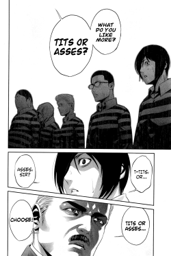 ogyawn:  newjerseykannushi:  I went into Prison School thinking it’d be a dumb fanservice manga. Instead what I got was a window into my soul.   Incredible 