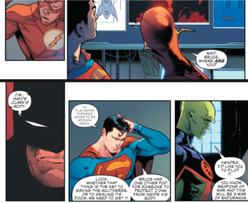 The Flash: ‘‘Wait Bruce where are you’‘?Batman: ‘’I’m inside Clarks’s body’Me:Superman; ‘’To file un