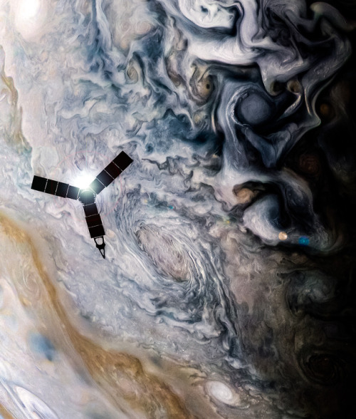 wonders-of-the-cosmos:Juno in Jupiter (the images that appear the juno probe is just an illustration