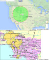 The green circle has a similar population to the Los Angeles metro area.