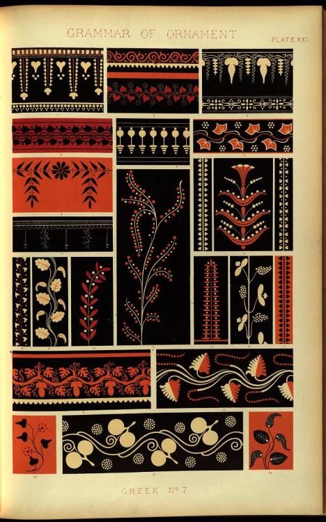 heaveninawildflower:  Greek ornament illustrations from ‘The Grammar of Ornament’ by Owen Jones with one hundred folio plates, drawn on stone by F. Bedford, and printed in colours by Day and Son (1856). With contributions by J.B. Waring, J.O. Westwood,