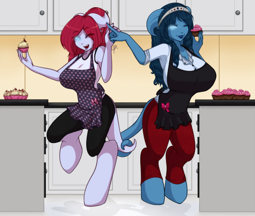 A commission for anios25​ of his draebabe Anios and lavitzdragon​‘s ThaliahJust a couple of gal pals making cupcakes in nothing but their cute apronsApron-only version