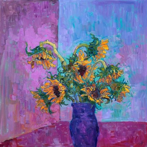 Sunflowers in Vase   -    Erin Hanson American b.1981-Oil on canvas, 40 x 40