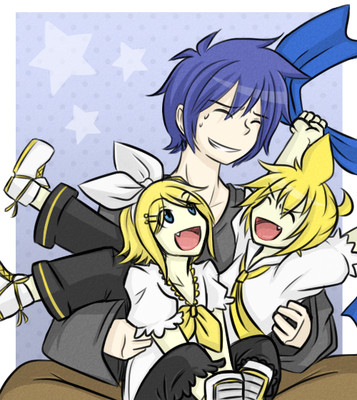 Kaito looking after a younger Rin and Len. Sometimes the twins can be hard to handle. (though mainly