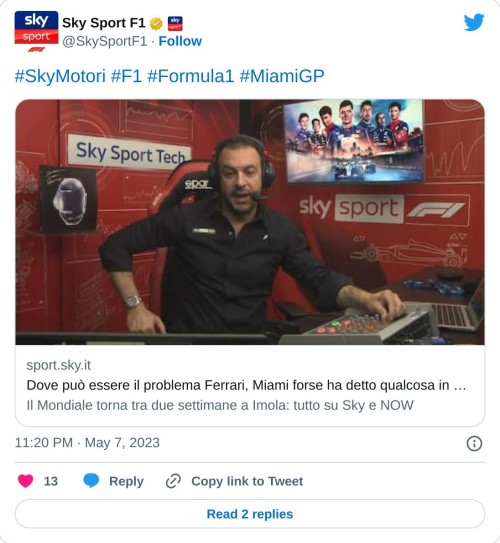 #SkyMotori #F1 #Formula1 #MiamiGP https://t.co/6ZxKZFeVd3  — Sky Sport F1 (@SkySportF1) May 7, 2023