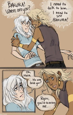 mezbee:  Have more sketchy yugiohs. This is the angst comic version of this doodle.An AU where Malik wasn’t told that Bakura is gone forever.Is this the beginning of an angsty thiefshipping fic? Or the start of a beautiful angstshipping romance fic?