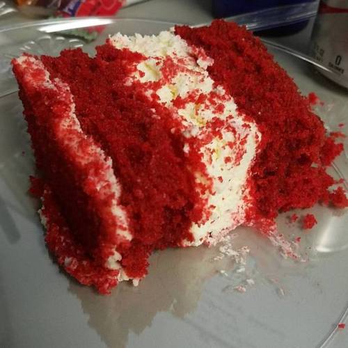 This is red velvet cake with a cheesecake in the middle instead of cream cheese frosting. It is as d