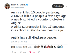 aquarian-sunchild:  kropotkhristian:  foreverfiftythousandfrozenfoxes: Cherry picking data on Twitter part 135367878433478 Mmm.. no, anti-fascists have literally never killed anybody in the United States or Canada. You don’t have to cherry pick data