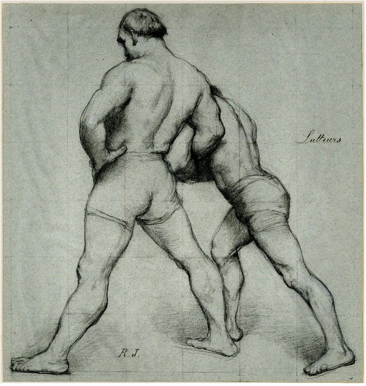 The Wrestlers, Black chalk on light blue paper, squared for transfer Rodolphe Julian,