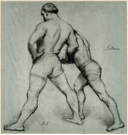 The Wrestlers, Black chalk on light blue paper, squared for transferRodolphe Julian, (1839-1907)The 