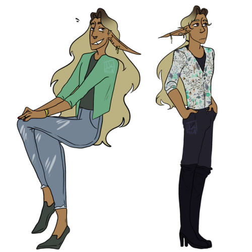 gay-spaceman:[id start: two full body drawings of taako as a medium brown skinned elf with blon