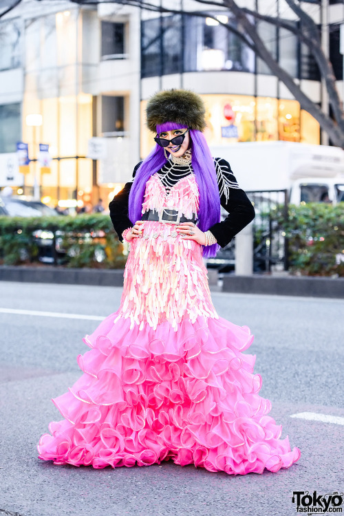 Japanese fashion student Sana on the street in Harajuku wearing a dress by the legendary Harajuku fa