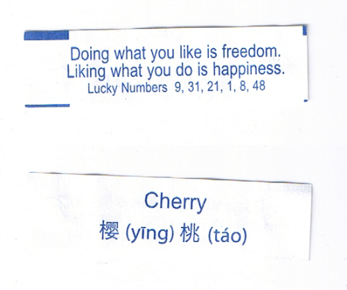 fortuneaday:[A white fortune cookie paper with blue text. Front: Doing what you like is freedom. Lik