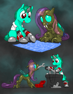 askcoppercog:   aires163: So what exactly is it that they want you to do Coppercog?  You proceed to help the pony build the thing for Queen Chrysalis. You slowly learn the basics of his technology, and eventually are even able to suggest improvements