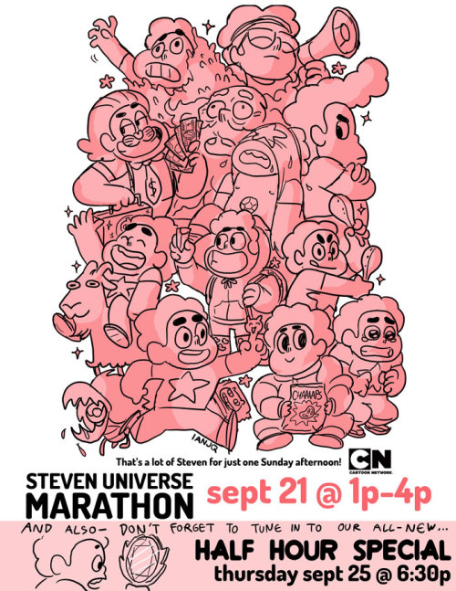  SUNDAY SUNDAY SUNDAY! Catch up on the whole season with a STEVEN UNIVERSE MARATHON! 3 solid hours of your favorite little Gem dude! Can you name all the episodes represented in this poster? Starting at 1pm on Cartoon Network! 