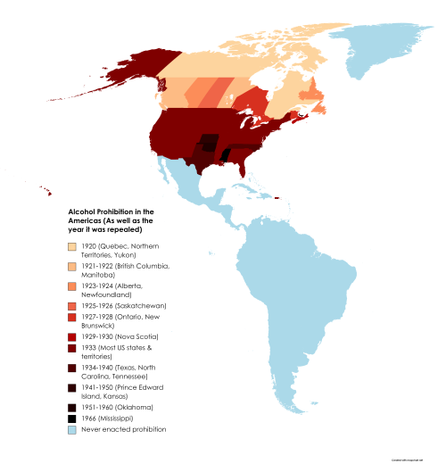 mapsontheweb:  Alcohol prohibition in the Americas, 1920-1966.