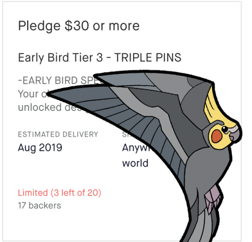 There’s still early bird tiers for the Sky of Jewels Series III pet birds Kickstarter!! Swoop 