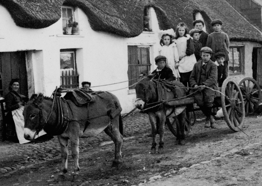 Children riding a donkey cart past thatched roof cottages in a village in Ireland, 1901.
Source image from LOC.