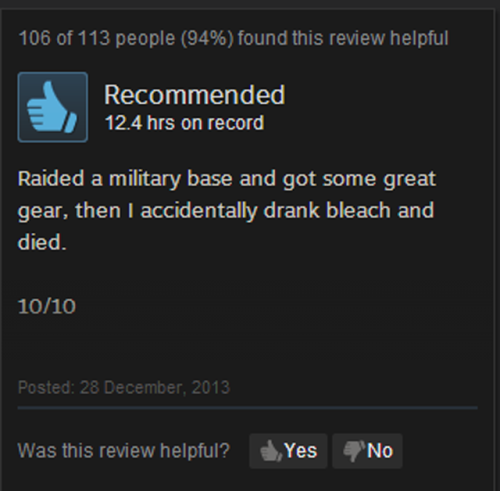 omega2669:  amish-mafia-jimmies-overlord:  vanehwasreal:  let’s talk about the steam reviews for the online horror game DayZ  I am dying oh my god.  