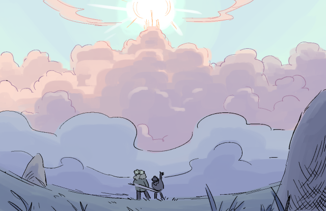 a digital drawing of Sol and Nyx standing in a field scattered with standing stones. Above them are large fluffy clouds (cumulonimbus) piled high, and at the top of the highest cloud is a castle so bright and shining it is like the sun. Nyx is gesturing up at it with her hand outstretched.