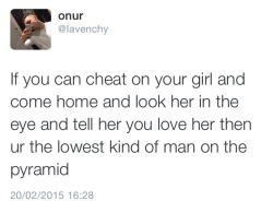 Ya, and if you’re a woman who can cheat on her man and then he finds out and you somehow try to blame it on him you’re the lowest kind of woman on the pyramid.