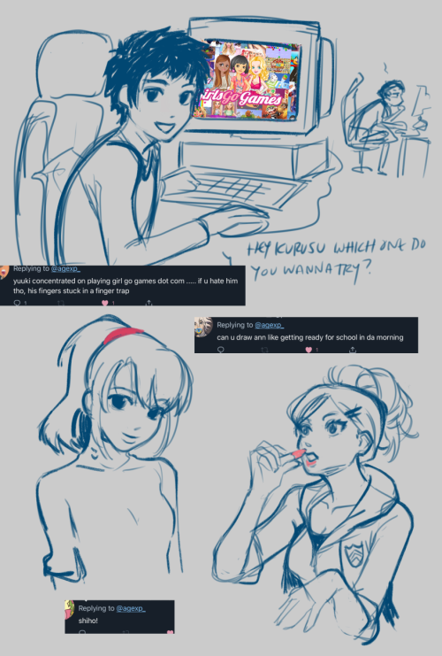 sketch prompts given to me on twt (shiho, ann getting ready for school in the morning, mishima playi