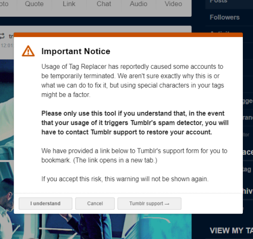 captaincrusher: Apparently using X-kit’s Tag Replacer can get your account terminated. Tumblr 