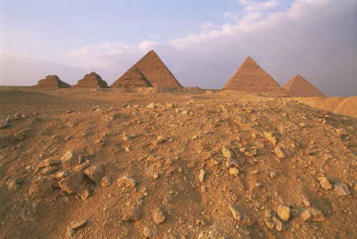 Giza Plateau: three Great Pyramids (Khufu/Cheops, Khafre/Chephren and Menkaure) and Queens Pyramids.