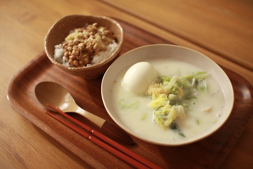 yummyinmytumbly:natto rice &amp; soup (napa cabbage, green onion, enokidake, milk, miso) with bo